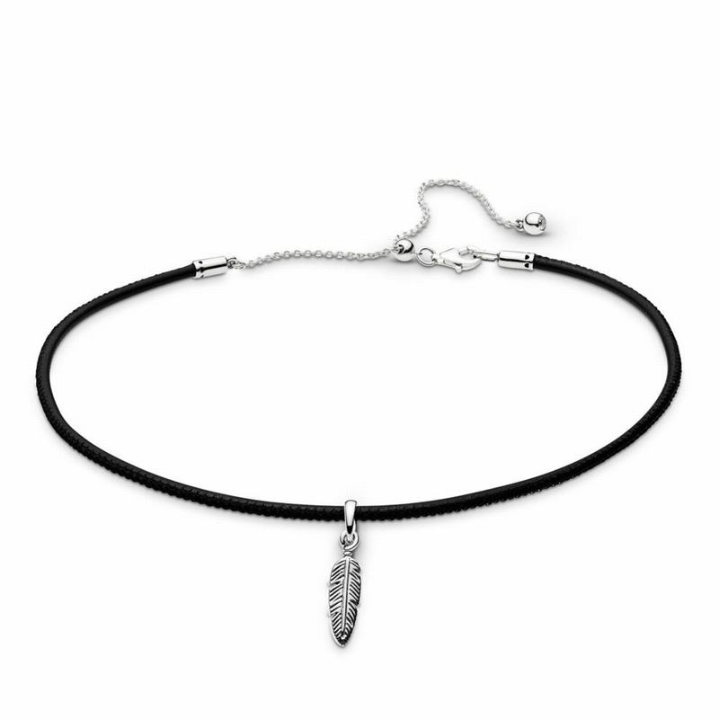 Pandora Black Leather Choker Necklace & Feather Pendant - Sterling Silver/Leather/Black/Cubic Zircon